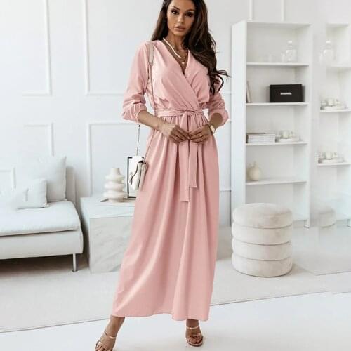 Sexy Deep V Neck Long Sleeve Maxi Dress Women 2021 Autumn Casual Party Pink Red Office Long Dresses For Woman Robe Femme