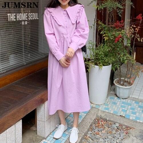 Long Sleeve Women Dress Vintage Peter Pan Collar Ruffle Pullover Ladies Vestido Korean Chic Plus Size Beach Elegant A-Line Dress