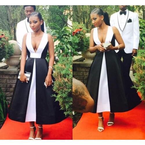 2020 Elegant Black And White Prom Dresses V Neck Sleeveless Tea Length Evening Gowns South Africa Formal Party Dresses