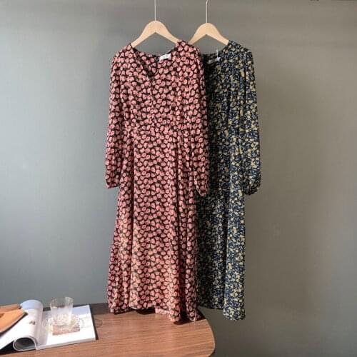 Sherhure 2020 Flower Print V-Neck Long Sleeve Boho Loose Style Women Vintage Midi Length Dress Elegant Vestidos