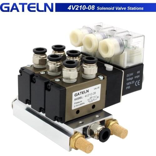 4V210-08 DC24V 12V AC220V AC110V 2 Positions 5 Way Quadruple Solenoid Valve Aluminum Base Fitting Mufflers Set 3 4 5 6 Stations