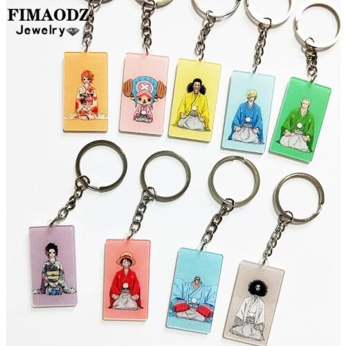FIMAODZ One Piece Keychain Anime Figure Acrylic Pendant Luffy Zoro Cartoon Metal Key Chain Car Key Ring For Friends Fans Gift