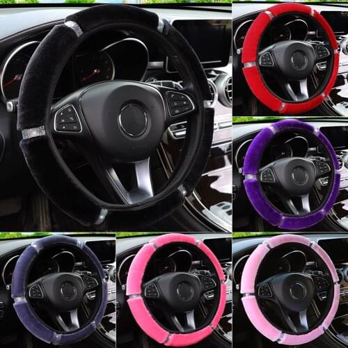 15" Car Steering Wheel Cover Plush Bling Rhinestones Winter Steering Wheel Cover Decoration Auto Interior Accessories for Women