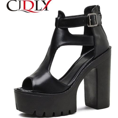 CJDLY 2020 Summer Women Shoes Open Toe Platform Female Sandals Thick High Heels T-strap Buckle Ladies Shoes Soft PU Shoes Black