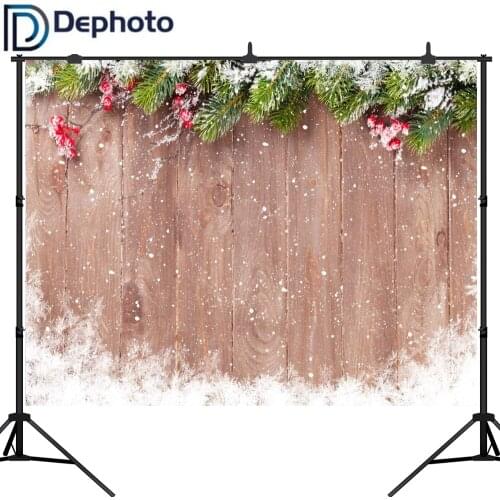 Dephoto Christmas Wooden Background Snowflake pine branches red fruit Photography Backdrops decoration