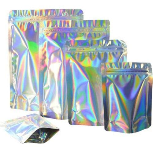 100pcs Hologram Zip Lock Bag Aluminum Foil Mylar Holographic Silver Coffee Snack Gift Bag Heat Sealed Stand Up Hologram Bags