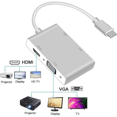 4 in 1 USB 3.1 USB C Type C to HDMI VGA DVI USB 3.0 Adapter Cable for Laptop Apple Macbook Google Chromebook Pixel