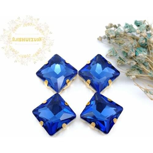 Classic style Light Sapphire Square Glass Crystal sew on rhinestones with gold claw Diy wedding dress accessories free shipping