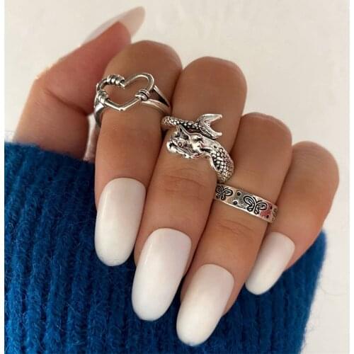 KISS WIFE Vintage Ancient Silver Color Ring For Women Mermaid Snake Butterfly Heart Rings Set Punk Rings Goth Jewelry Party Gift