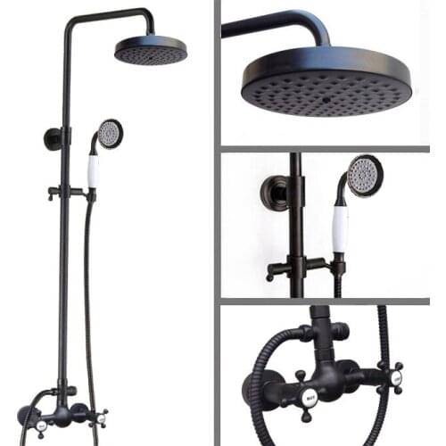 Black Oil Rubbed Brass Dual Cross Handles Bathroom 8 Inch Round Rain Shower Faucet Set Bath Mixer Tap Hand Shower mrs495