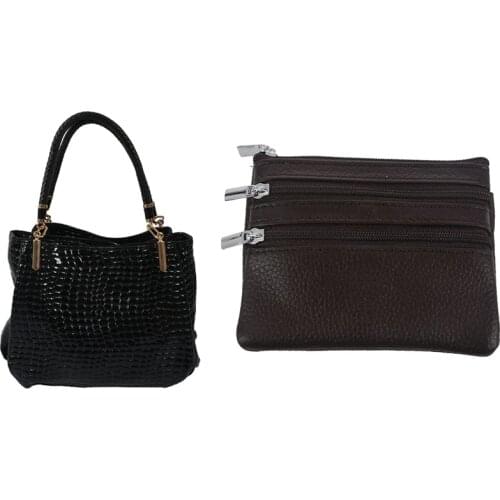 2PCS Fashion Women Crocodile Pattern Shoulder Bag, Black with Change Coin Purse with 4 Pockets and Keychain Coffee