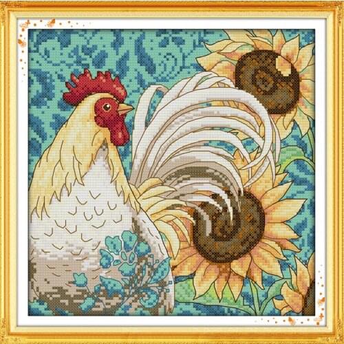 Sunflower and cock cross stitch kit 14ct 11ct pre stamped canvas cross stitching animal lover embroidery DIY handmade needlework