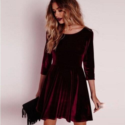 New Women Swing Hem Velvet Dress Autumn Ladies Party Mini Dress Vestidos Velour Dress Long Sleeve Slim Tops