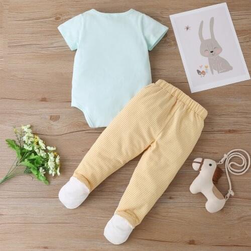 Two Piece Baby Girl’s Clothes Cute Rabbit Printed Short Sleeve Romper and Stripe Stitching Long Pants New Style 2021