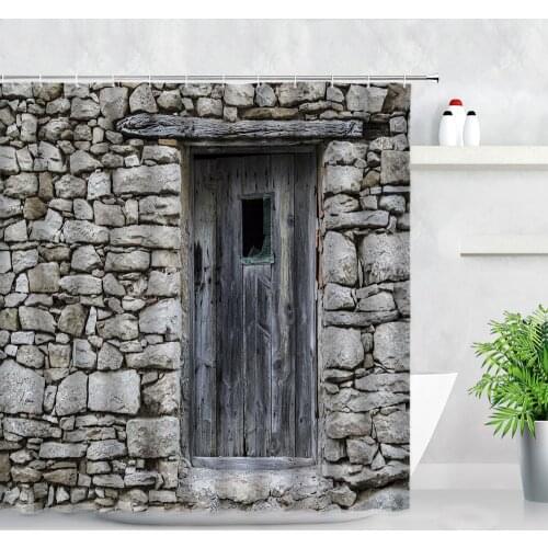 Retro Old Wooden Door Shower Curtain Vintage Stone House Brick Wall Town Scenery Waterproof Fabric Bathroom Decor Bath Curtains