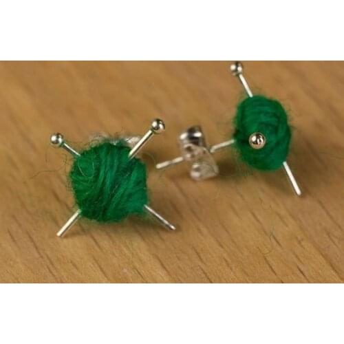 Wool Knitting Earrings - Yarn Ball and Needles,Miniature Knitting Needles, Knitter Gift, Silver-Plated Stud, Yarn Ball Earrings
