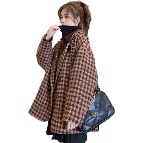 Plaid Womens Jacket Spring Autumn Blended Woolen Coat Korean Style Suit Collar Oversized Check Casual Women Jackets Outwear W23