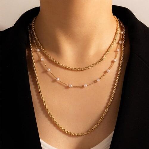 New Boho Vintage Multilevel Punk Gold Metal Rope Chain Artificial Pearls Necklace For Women Fashion Geometry Choker Jewelry Gift