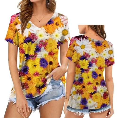 Floral Short Sleeve Bohemian Style Women T Shirt Short Sleeve V Neck Loose Women Tshirt Ladies Tee Tops Clothes