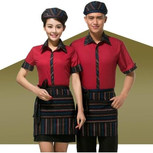 Women Waitress Uniform Shirt Hotel Work Clothes Restaurant Hot Pot Shop Catering Coffee Shops Waiter Short Sleeve Overalls H2265