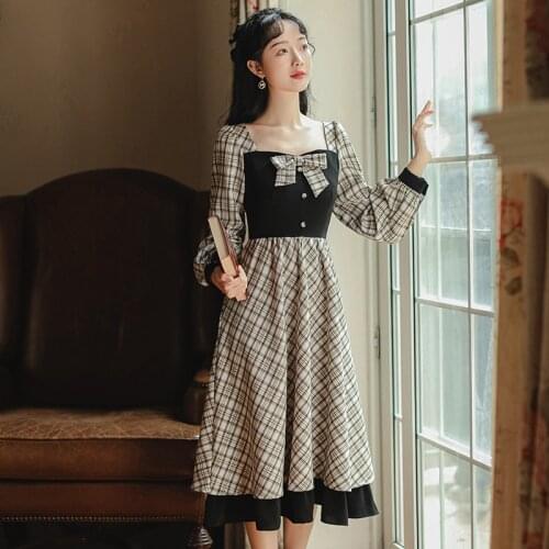 Elegant Dress Women Plaid Black Dresses 2021 Spring New Long-Sleeved Square Neck Bow Sweet Double Skirt Retro Dress Vestidos