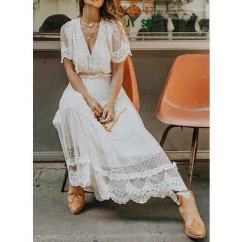 Robe boheme femme chic White classy aesthetic party lace maxi dress Sexy women vacation short sleeve v neck button flowy dress