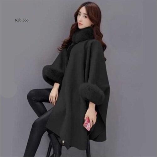 Women Woolen Coat The Large Fur Collar Mid-length Coat Ladies Korean Style Jacket Wool-Coat Batwing Sleeve Parka Cape Shawl