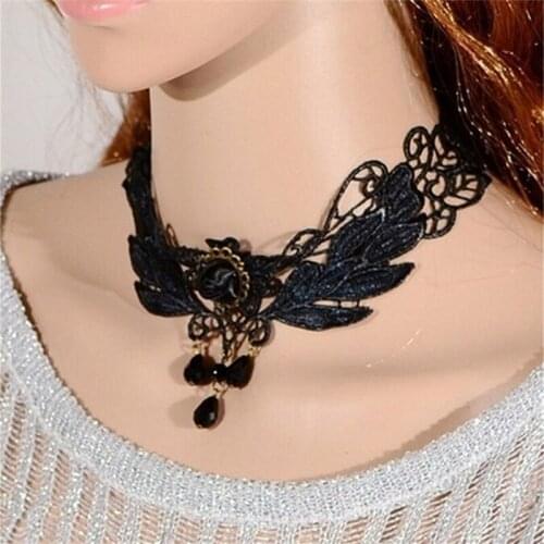 1pc New Womens Black Rose Teardrop Bead Pendant Lace Choker Lolita Collar Necklace