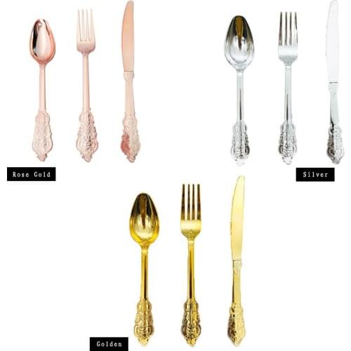 4 Sets/12pcs Plastic Party Cutlery Rose/Gold/Silver Party Utensils Fancy Vintage Party Tableware Spoon Fork knife for Wedding