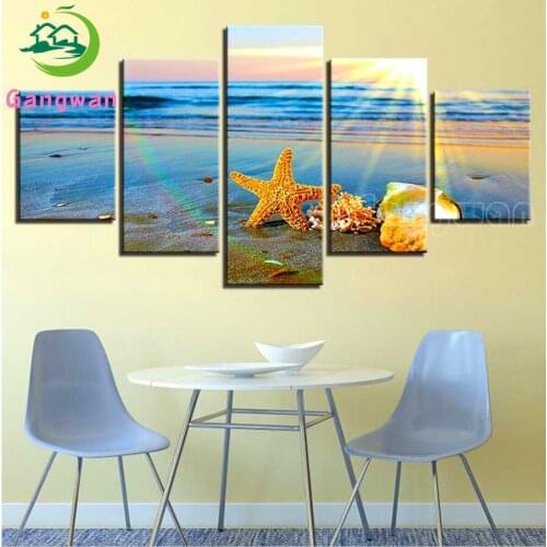 5 pcs Diamond Painting Sunset/Love Beach DIY Round Full Diamond Embroidery Kit Starfish, conch Landscape Home Decoration Crafts