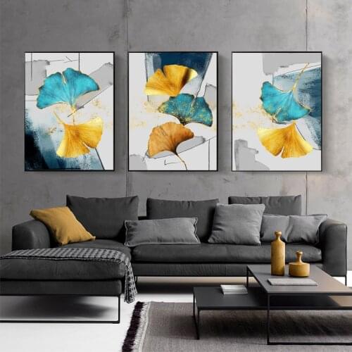Blue Green Yellow Gold Plant Leaf Abstract Canvas Painting Nordic Posters and Prints Wall Art Picture for Living Room Home Decor