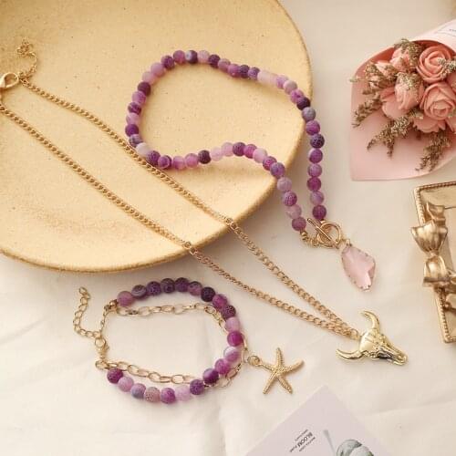 Bohemia Gold Chains Multilayers Natural Stone Beads Starfish Bracelet Pendant Necklace for Women Girls Boho Necklace Jewelry