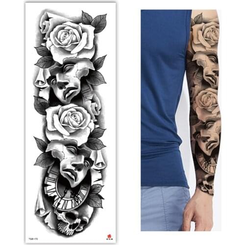 Large Arm Sleeve Tattoo Rose Leaf Clock Waterproof Temporary Tatoo Sticker Evil Wolf Jewelry Lion Men Full Skull Totem Tatto