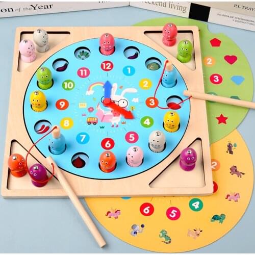 Clock 3d Puzzle Memory Chess and Magnetic Fishing 3 in 1 Wooden Toy Children Early Learning Sets Homeschool Supplies Educational