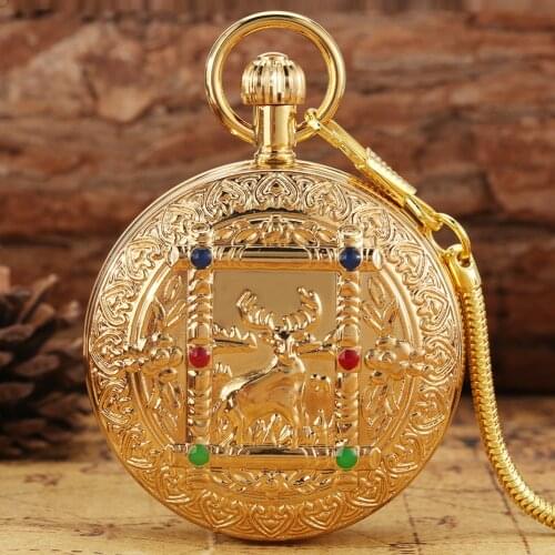 Royal Gold Beautiful Elk Carved Automatic Mechanical Pocket Watch Double Shell Design High End Dial Golden Pendant Necklace Lady