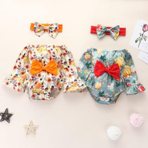 Halloween Baby Clothes Spring Summer Flare Sleeved Newborn Bodysuit and Bows Headband 2pcs Set Infant Baby Girl Clothes Outfit