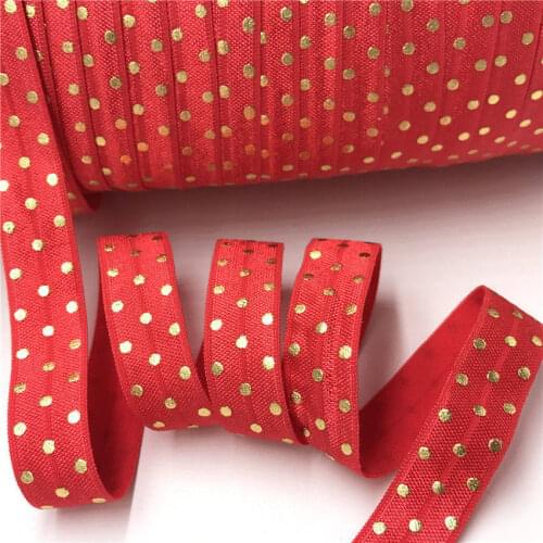 5/8" (5 yards/lot) Gold Polka Dot Red Fold Over Elastics FOE Spandex Band Hair Tie Headband Dress Lace Trim Sewing