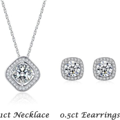 925 silver necklace earrings ring set Moissanite Luxury four-claw shape Anniversary gift 1ct DF color round excellent cut