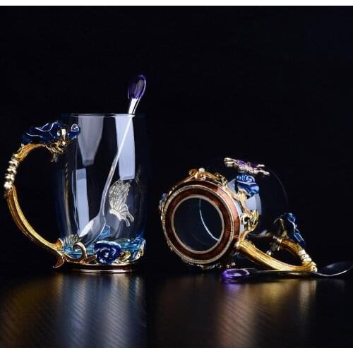 Beauty Enamel Mug Flower Tea Glass Cups Coffee Cup For Hot and Cold Drinks Tea Cup Spoon Set Wedding Gift Valentines Day Gift