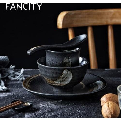 FANCITY Japanese-style tableware for one person ceramic tableware set household creative single 5-piece bowl and plate restauran