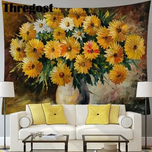 Thregost Wall Hanging Sunflower Floral Print Farmhouse Dorm Room Decor Wall Carpet Rectangle Macrame Wall Cloth Tapestries
