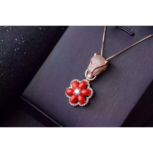 Natural red coral gem pendant S925 silver Natural gemstone Pendant Necklace trendy Luxury Leopard flowers women gift jewelry