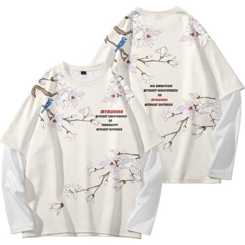 Couple Spring Streetwear Floral Printed Harajuku Sweatshirt Men Women Fake Two Pieces Hip Hop Pullover Long Sleeve T-shirt