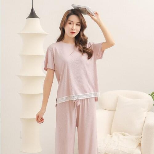 Summer Short Sleeve Pajamas Set Women Lace Snowflake Cotton Nightwear Shorts Cool Casual Capris Ventilation Homewear Sleepwear