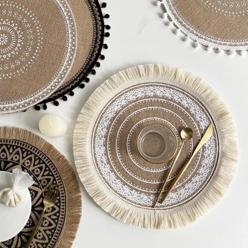 Bohemian Style Woven Placemat Linen Embroidery Macrame Anti-skid Heat Insulation Cup Pads Table Decoration Kitchen Accessories