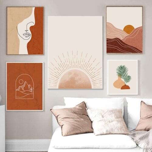 Boho Beige Gallery Posters Prints Landscape Wall Art Abstract Canvas Painting Sun Woman Face Line Picture Living Room Home Decor