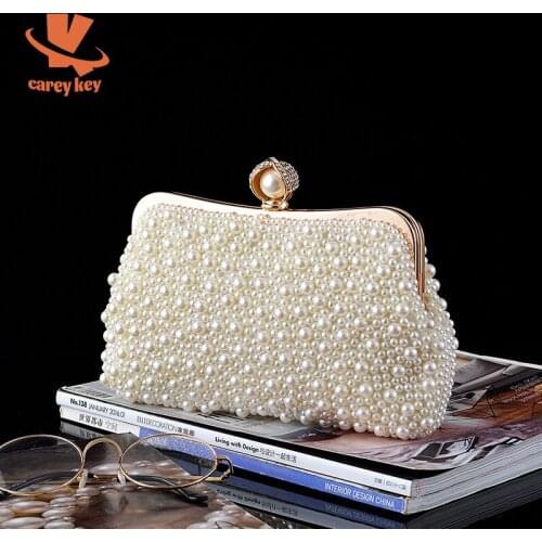 CAREY KAY Women Luxury Crystal Diamond Evening Bags White Pearl Beaded Clutch Purse Party Bridal Wedding Shoulder Handbags