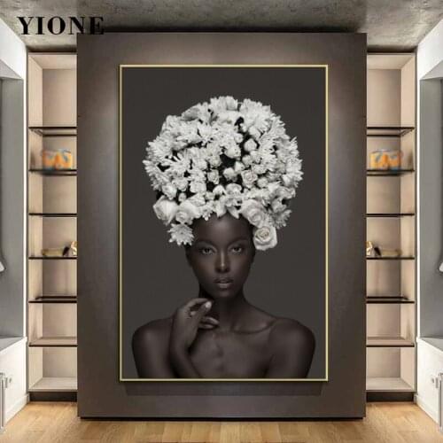 Sexy White Flower Nude Woman Canvas Painting Modern Figure Art Black African Girl Poster Prints Wall Picture for Living Room