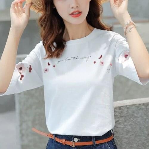 White T Shirt Women Summer Shirt Embroidery High quality 100% Cotton Short sleeve Ladies Tops Casual Solid color Pink