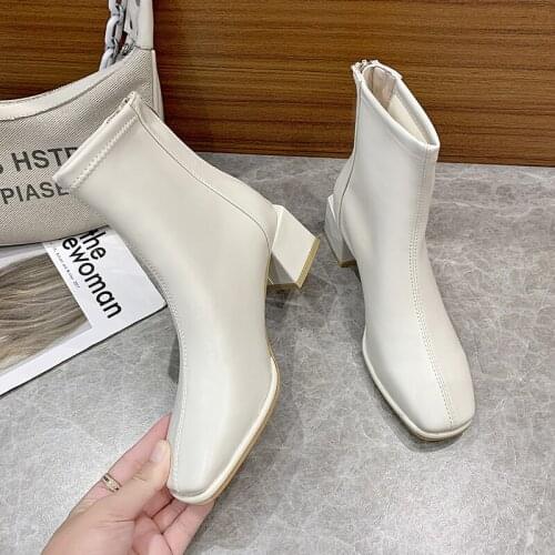 Martn Short Boots Womens 2021 New Thick-heeled Patent Leather Square Toe High Heels Beige Chelsea Boots Ankle Women Boots